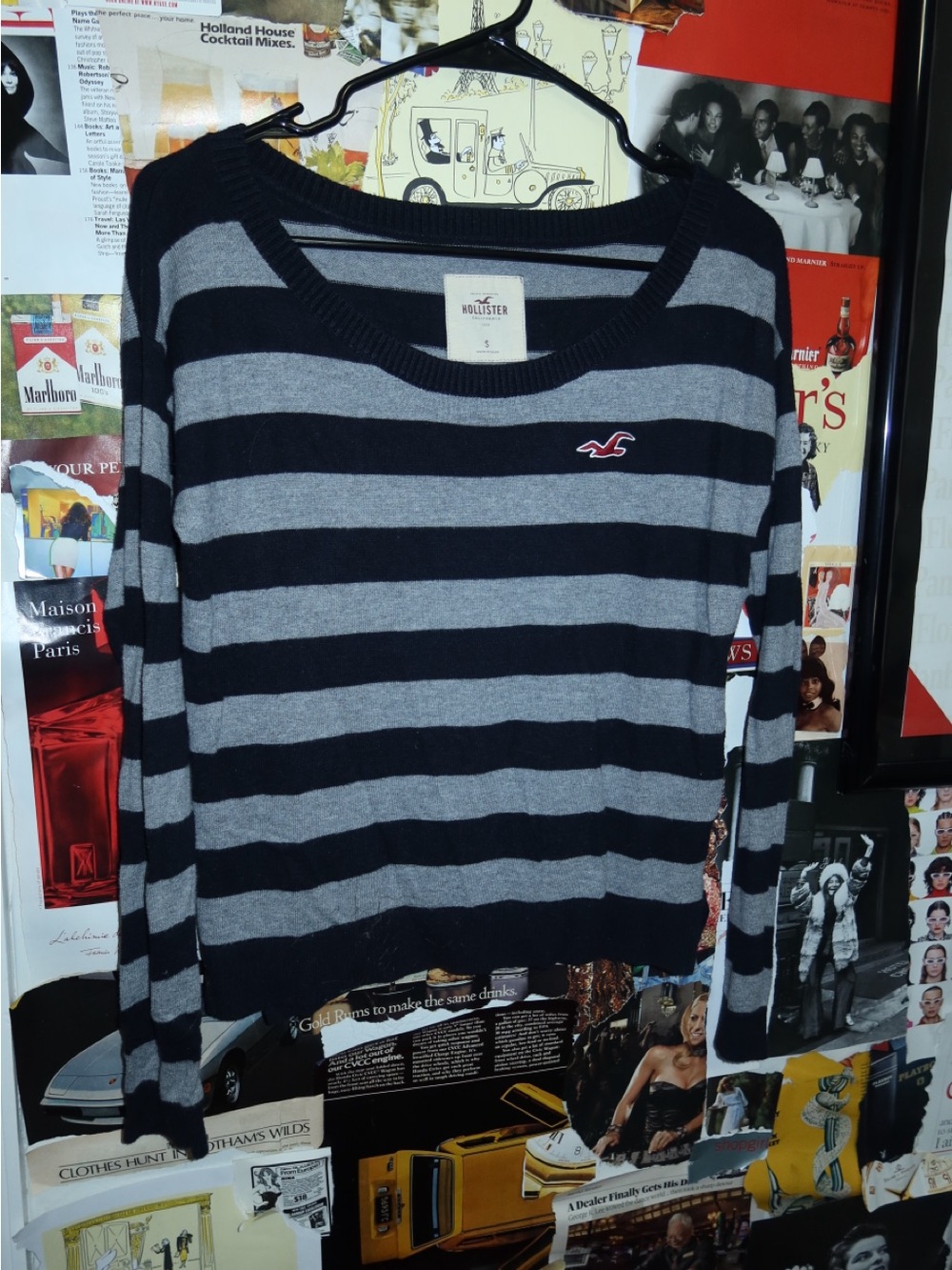 Hollister Navy and Gray Striped Crewneck Sweater